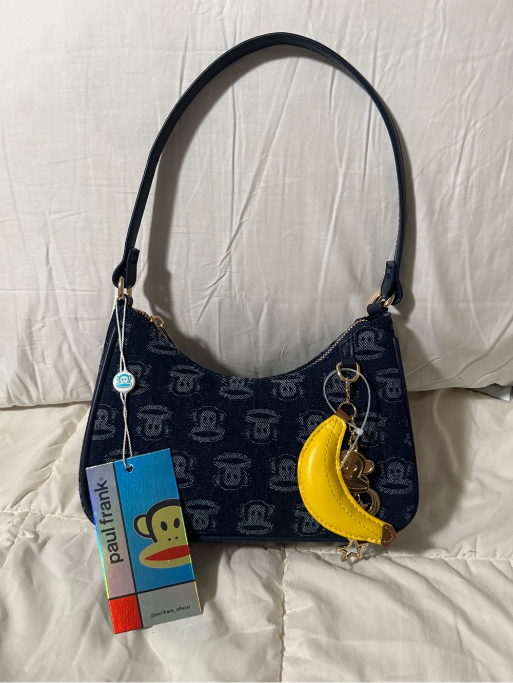 Paul Frank Navy Denim Logo Shoulder Bag with Yellow Banana Charm